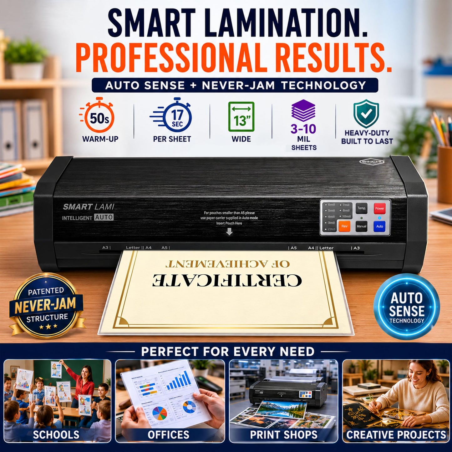 SINCHI Auto Sense 13" Heavy-Duty Laminator for Business & School, 3–10 Mil, 50s Warm-Up, 17s/Sheet, Works with Cardstock & Dark Prints, Never-Jam, Laminates 11x17, Includes 10 Sheets