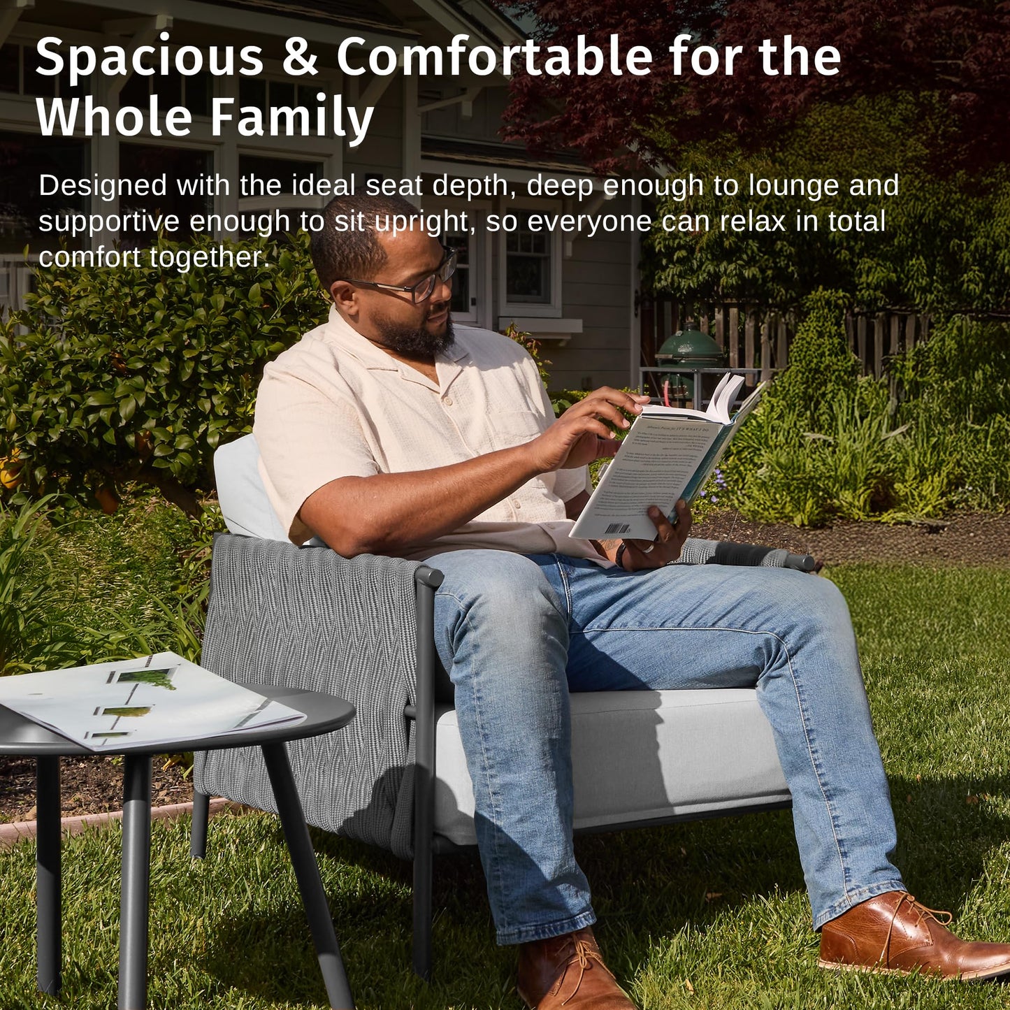 East Oak 3-Piece Patio Furniture Set | Armchairs & Coffee Table | Outdoor Furniture with Cushions | Deep Seating Modern Conversation Set | Garden, Porch, Balcony & Backyard | Misty Grey