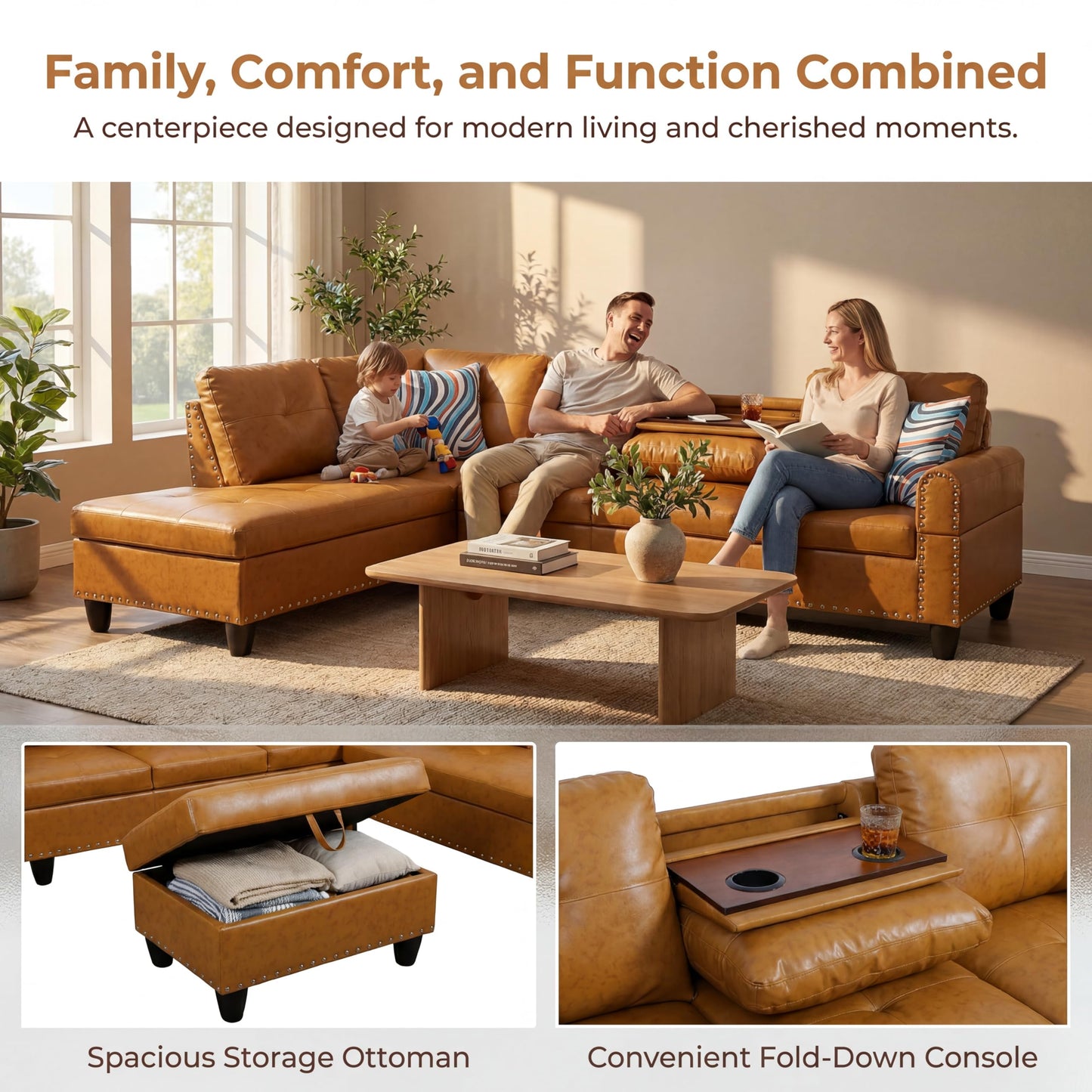 Topcomfy Leather L Shaped Sectional Couches for Living Room - 97.5“ x 69.5" Modular Sectional Sofa with Storage Ottoman, 4 Seat Home Sofa Living Room Furniture Sets with Chaise for Apartment, Ginger