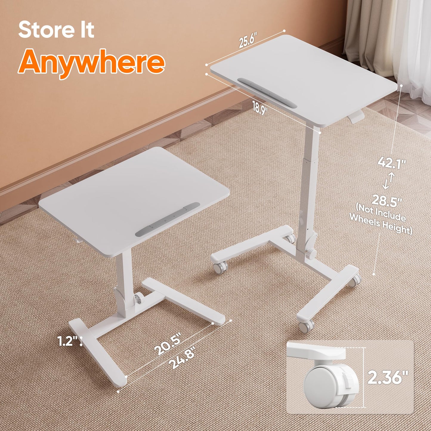 Monomi Mobile Folding Desk 25.6 Inch, Small Sit-Stand Height Adjustable Rolling Laptop Desk, Space-Saving Portable Desk with Wheels for Home Office Craft & Study, White