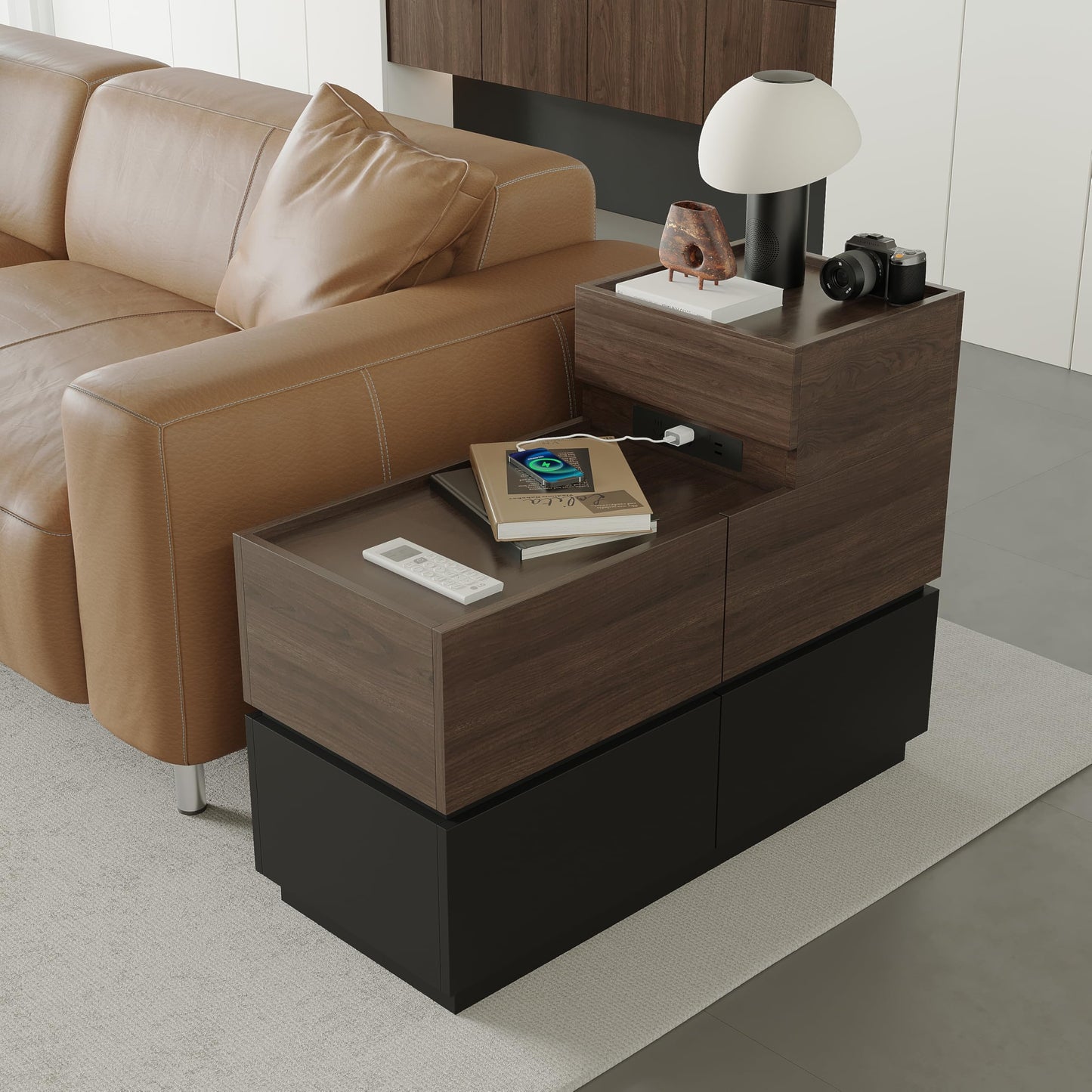 Modern Sofa Side Cabinet, Side Table with USB Interface and Power Outlet, Walnut Wood Living Room Bedroom Side Cabinet Modern Bedside Table with Charging Station for Living Room, Bedroom