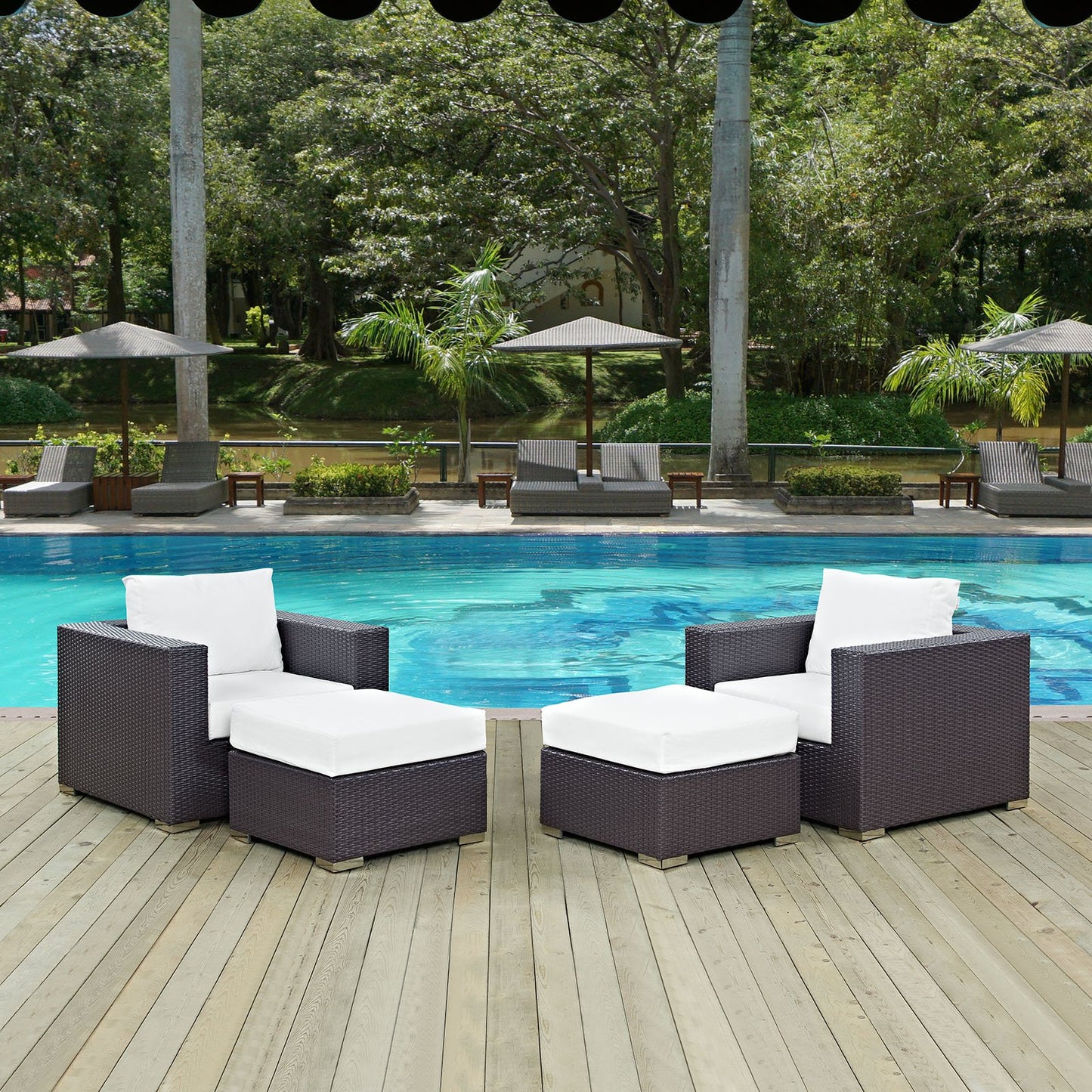 Modway Convene Wicker Rattan 4-Piece Outdoor Patio Furniture Set in Espresso White