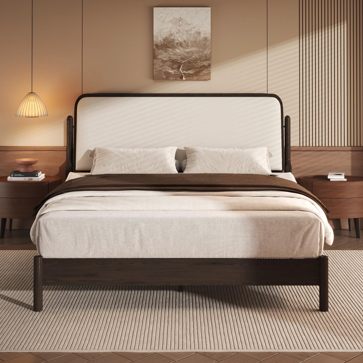 Lifezone Queen Bed Frame with Upholstered Headboard, Solid Wood Bed Frame Queen Size with Ergonomic Design Headboard, Wood Slats Support, Noise-Free, Easy Assembly,No Box Spring Needed, Walnut