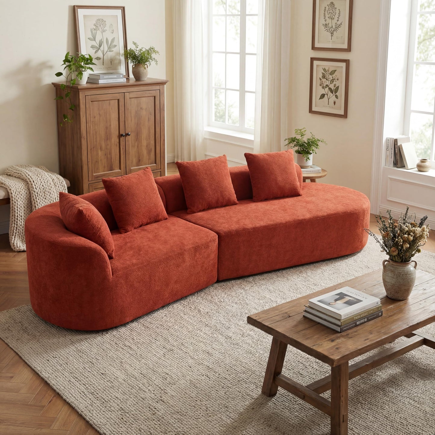 Merax 2-Piece 116" L-Shaped Modular Sectional Sofa Set, 4 Seat Fully Assembled Curved Upholstery Couch with High-Density Compressed Sponge, Chaise Lounge & 4 Pillows for Living Room, Orange