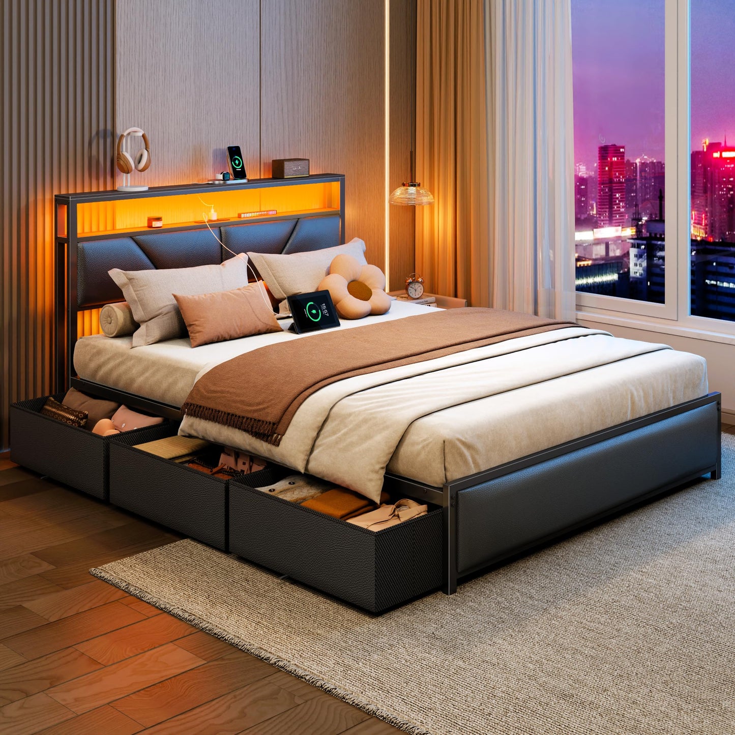 OURPIC Queen Bed Frame, 2-Tier Storage Headboard & 6 Fabric Drawers, PU Leather Upholstered Queen Size Platform Bed with Charging Station and LED Lights, No Box Spring Needed, Noise Free
