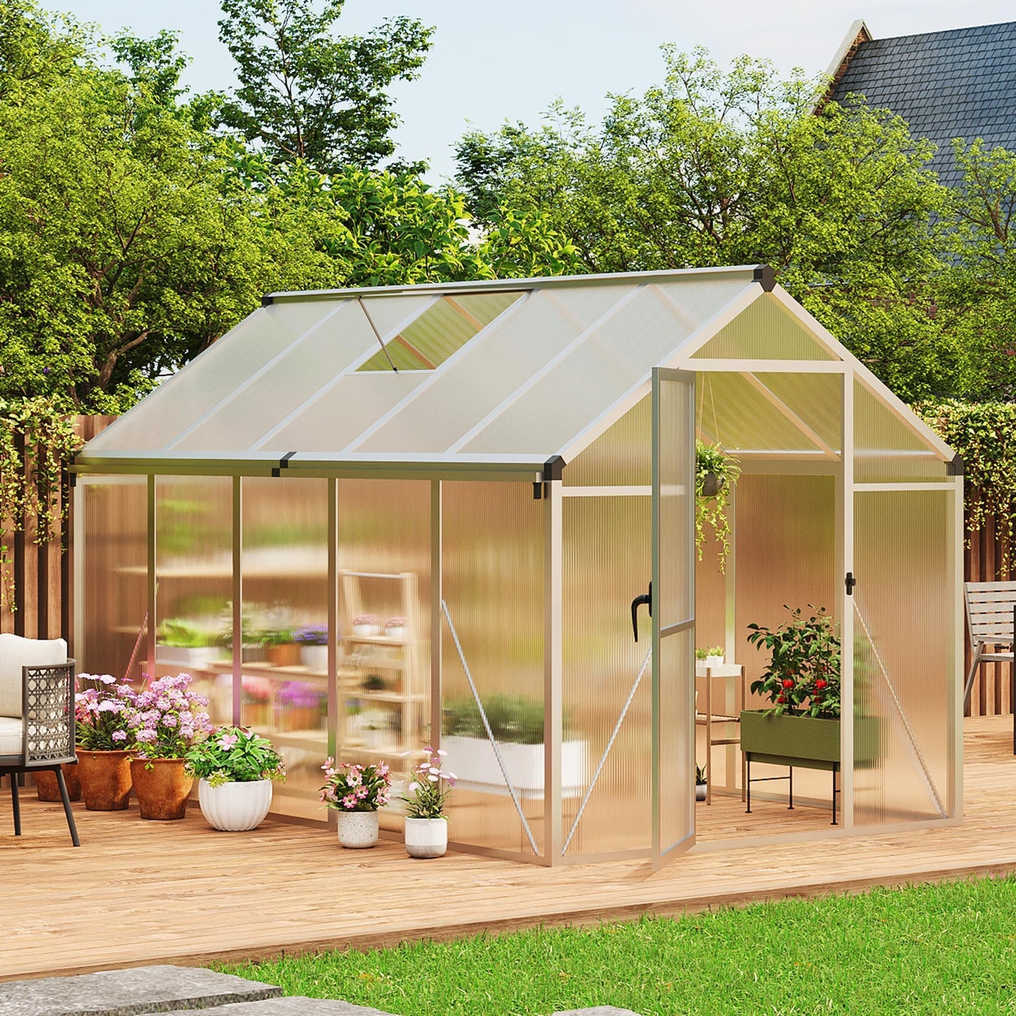 6X10 FT Greenhouse for Outdoors, Polycarbonate Flower Greenhouse with Roof Vent, Push-Pull Lockable Door, Aluminum Walk-in Greenhouses for Outside Garden Backyard, Patio, Lawn, Silver