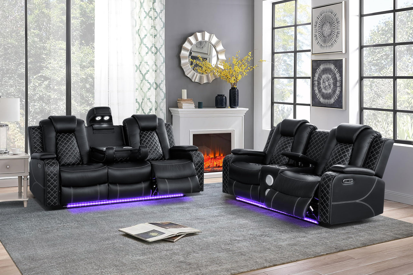 Ball & Cast Power Recliner Sofa Set Leather Reclining Couch Home Theater Seating 3PCS Recliner Couch Loveseat & Chair Sets with Coffee Table,Reading Light,Cup Holders for Home Theater,Living Room