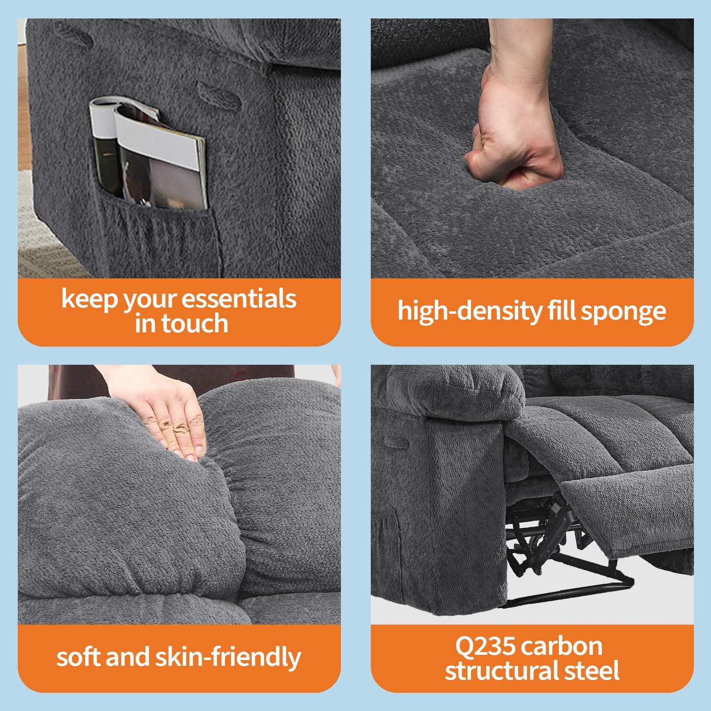 21.2'' Manual Recliner Chair,Ergonomic Overstuffed Breathable Fabric Reclining Chair with Side Pockets,Q235 Steel Frame Lazy Boy Recliner Single Sofa for Living Room Bedroom