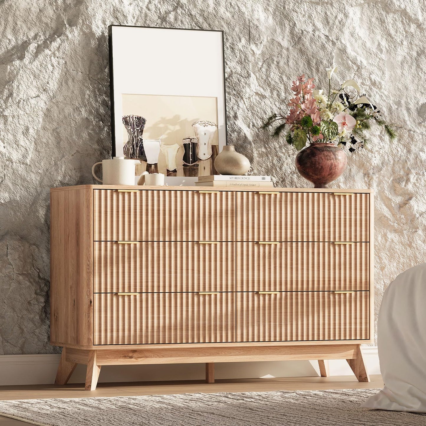 TROJM 47'' Wide 6 Drawers Dresser for Bedroom,Modern Fluted Vertical Chest with Rounded Corners,Fluted Dresser for Living Room,Hallway, Natural Wood