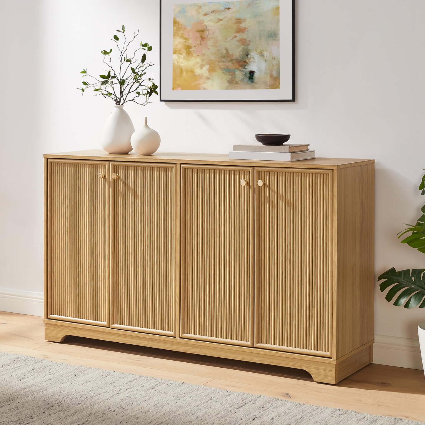 Crosley Furniture Naomi Modern Reeded Sideboard Buffet Cabinet, Credenza, Dining Room, Kitchen, TV Stand, White Oak