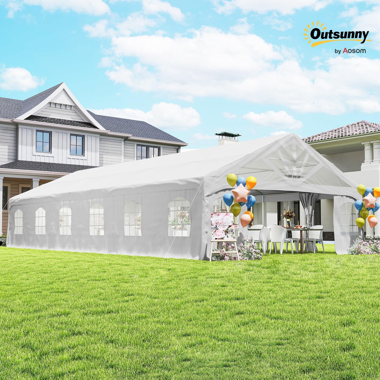 Outsunny 19.5' x 39' Heavy Duty Party Tent Outdoor Gazebo Wedding Tent Event Shelter Carport BBQ with Removable Sidewalls & Windows, Outside Waterproof Canopy for Parties, White