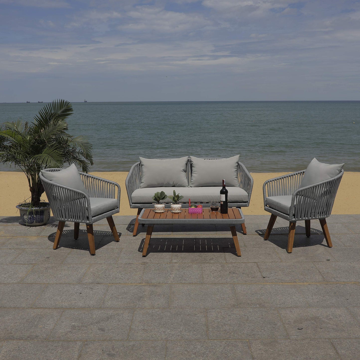 SAFAVIEH Outdoor Collection Ransin Grey/Grey/Natural Solid Wood 4-Piece Conversation Patio Set