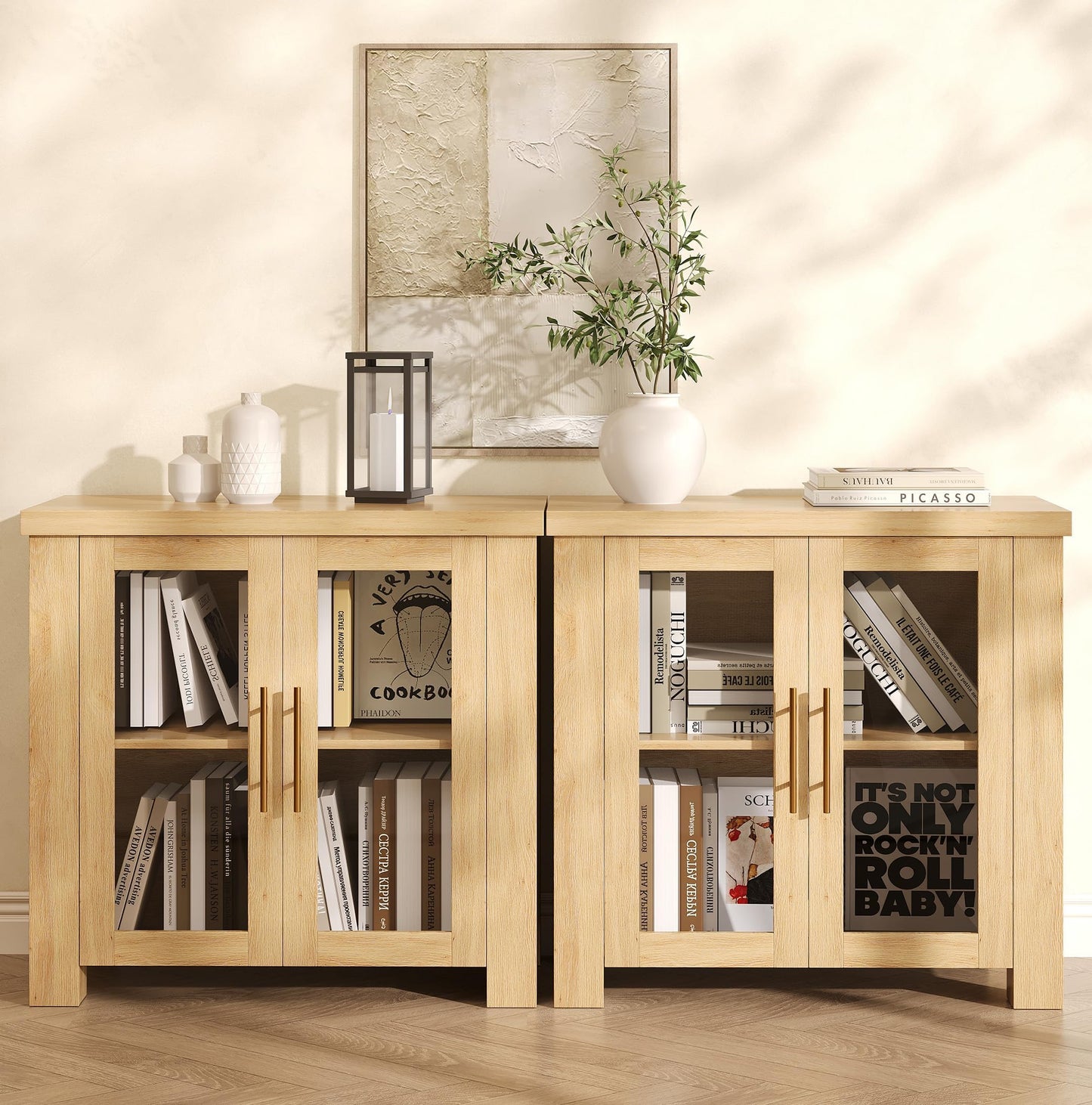 IDEALHOUSE 59" Buffet Cabinet with Storage, Modern Sideboard Credenza wit Tempered Glass Doors, Sturdy Media Console Coffee Bar Table for Living Room Kitchen Dining Room Natural