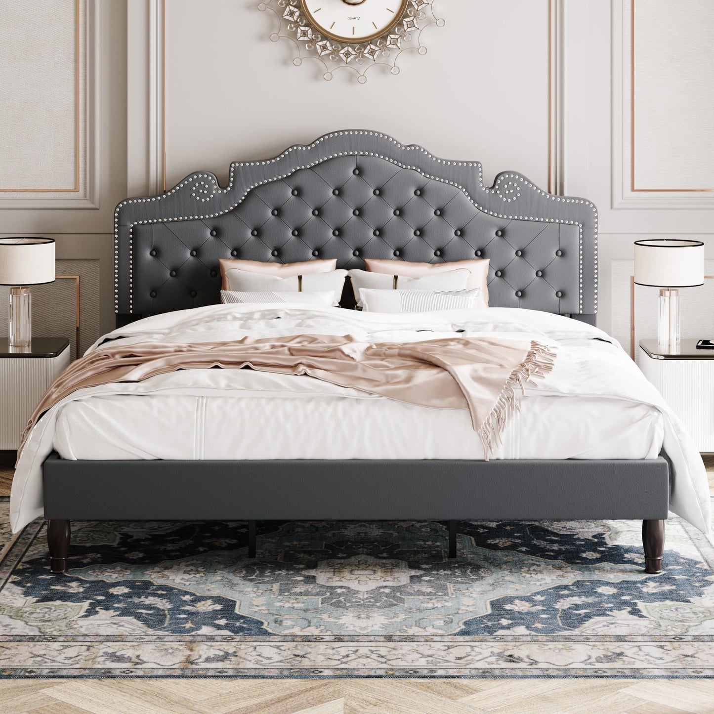 Allewie King Size Bed Frame with Adjustable Velvet Tiara Headboard, Upholstered Diamond Button Tufted Platform Bed, Wood Slats Support, No Box Spring Needed, Light Grey