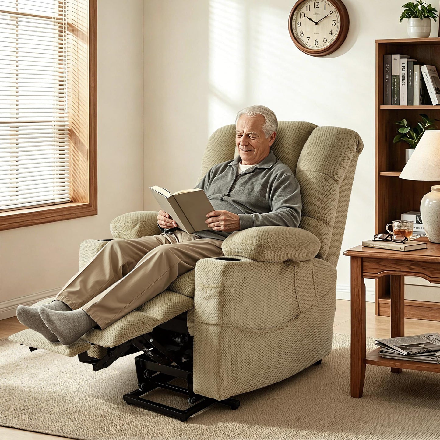 MCombo Triple Motor Lay Flat Power Lift Recliner Chair for Tall Elderly, Infinite Position, Massage, Dual Heating, Adjustable Headrest, Fabric 7634 (Beige, Large)