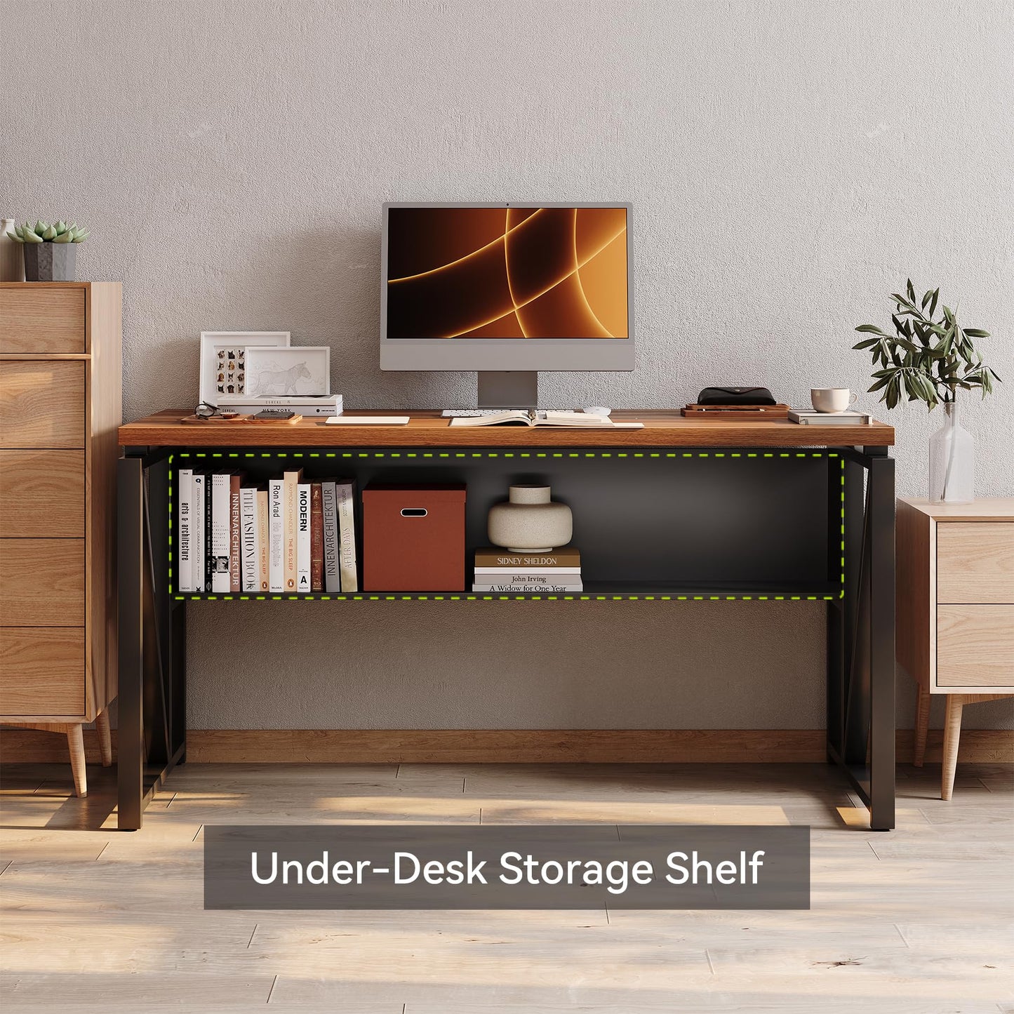 LITTLE TREE 55-Inch Executive Office Desk, Large Computer Desk with Storage Shelf, Executive Desk with Metal Frame, Thickened Desktop, Study Writing Desk Work Station for Home Office, Walnut Black
