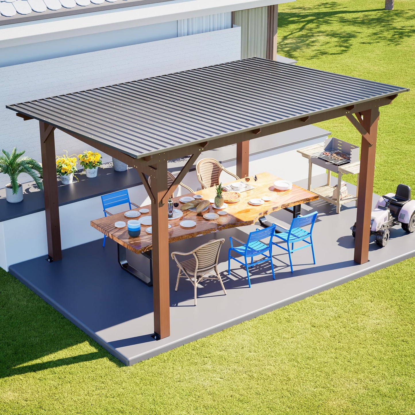 KEIKI 13.1' x 10' Wooden Grill Gazebo Metal Roof, Bulbs, Bar Counters, Patio Hardtop Grill Pergola, BBQ Canopy for Lawn, Garden, Outdoor Patio, Backyard