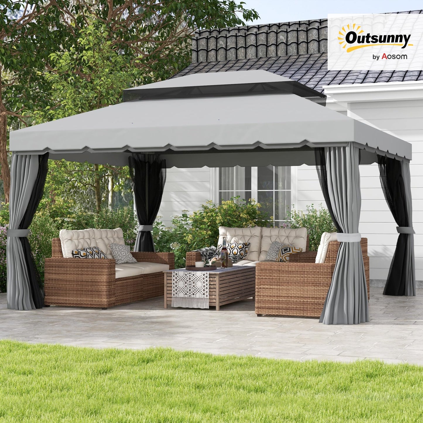Outsunny 10' x 13' Patio Gazebo, Outdoor Gazebo Canopy Shelter with Netting and Curtains, Aluminum Frame for Garden, Lawn, Backyard and Deck, Gray