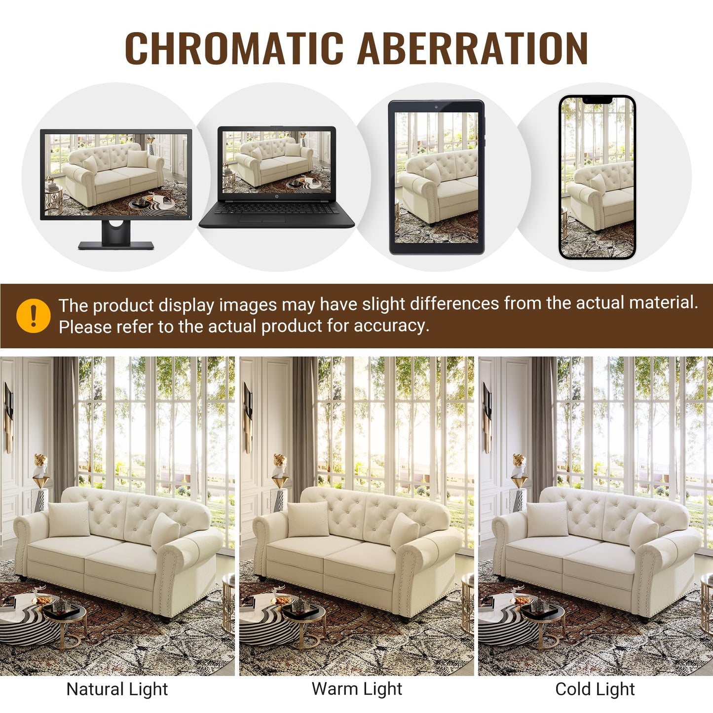 KEIKI 3-Piece Chesterfield Sofa Set with 1 Velvet 3-Seater Sofa & 1 Loveseat & 1 Single Sofa, 6-Seater Couch Set with Nailhead Trim & Rolled Arms & 1 Ottoman & 6 Pillow, for Living Room, White
