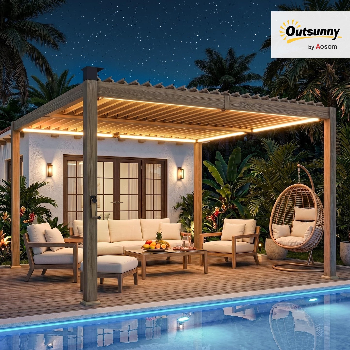 Outsunny Louvered Pergola with Solar LED Lights, 10' x 10' Outdoor Pergola Metal Patio Hardtop Gazebo with Adjustable Metal Louvered Roof, Drainage Gutters, Handle for Deck, Brown