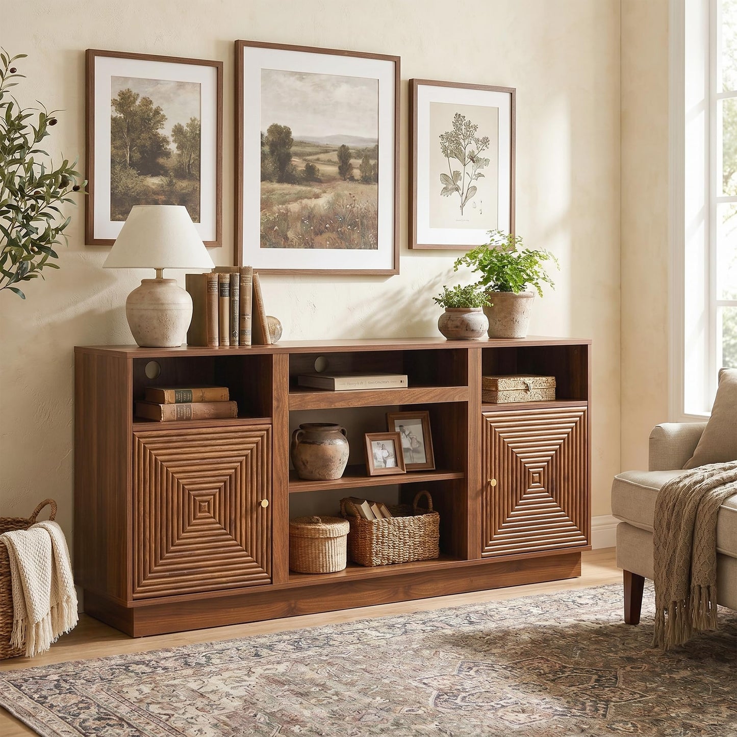 RoyalCraft TV Stand, Farmhouse Entertainment Center with Storage and Adjustable Shelves, Wood Tall TV Console for Living Room, Bedroom