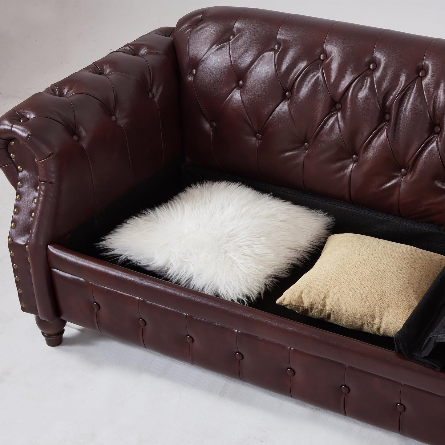 GDFStudio 86" Mid-Century Modern Chesterfield Sofa with Storage, 3 Seater Deep Seat Upholstered Faux Leather Couch with Tufted Back and Nailhead Trim, Rolled Arm Accent Sofa for Living Room, Burgundy