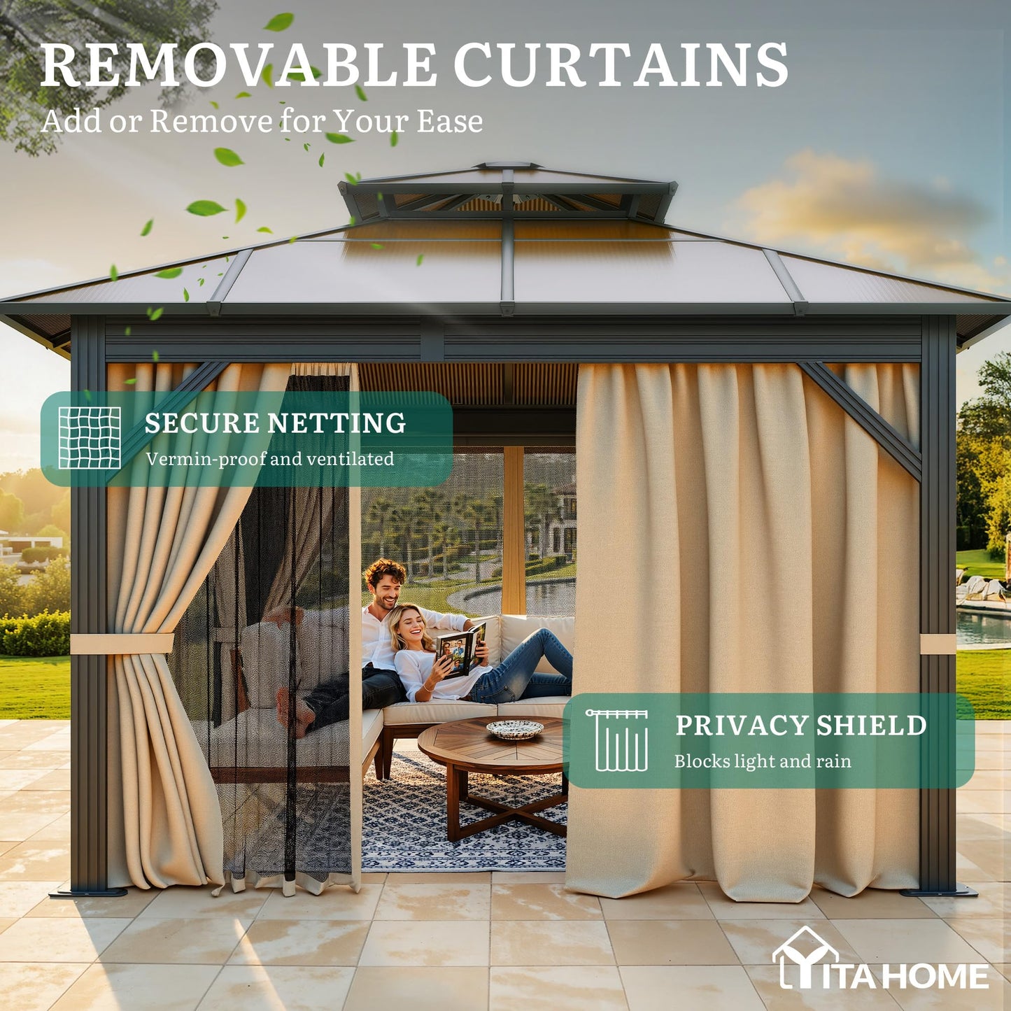 YITAHOME 10X12FT Polycarbonate Gazebo Outdoor Patio Double Top Canopy Galvanized Iron Aluminum Column Garden Tent Curtains Netting for Backyards Decks Lawns,Brown