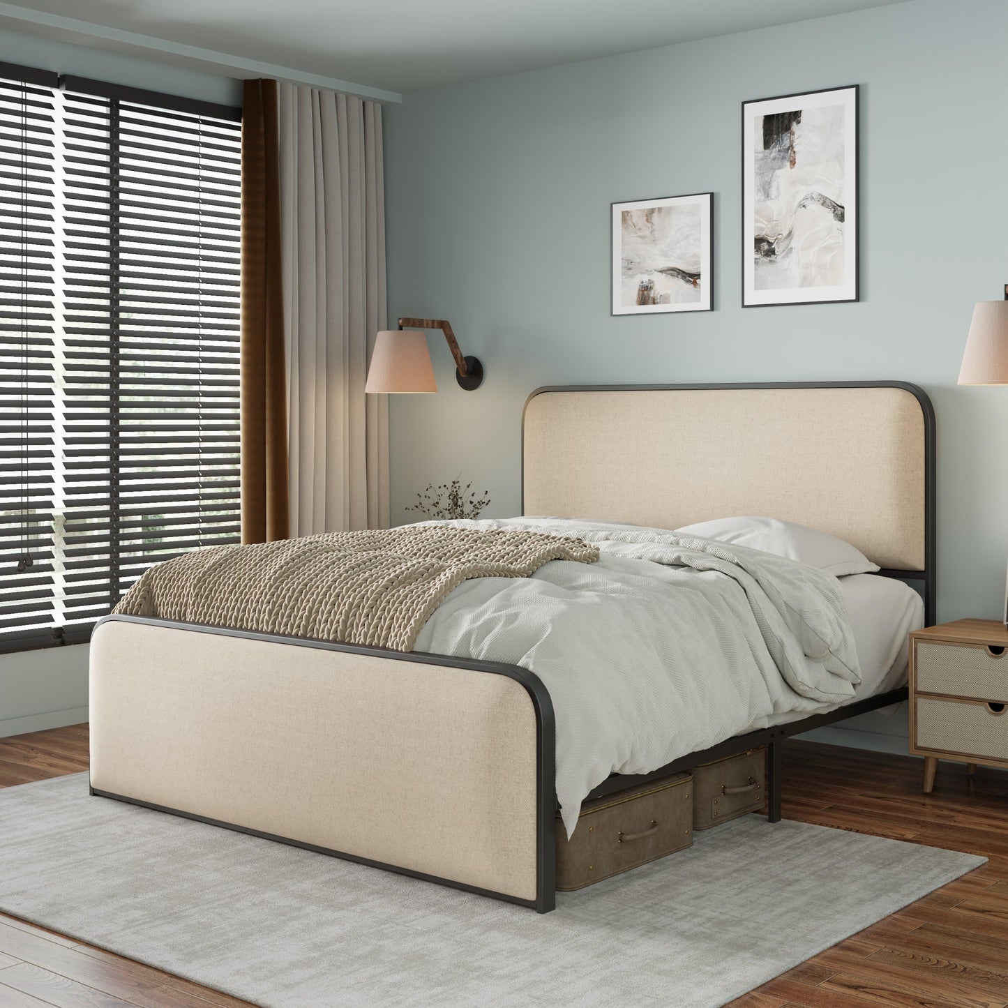 Merax Metal Platform Bed Queen Size with Curved Upholstered Headboard and Footboard, Queen Bed Frame with 8" Storage Space Under Bed, Heavy Duty Metal Slats, No Box Spring Needed, Easy Assembly, Beige