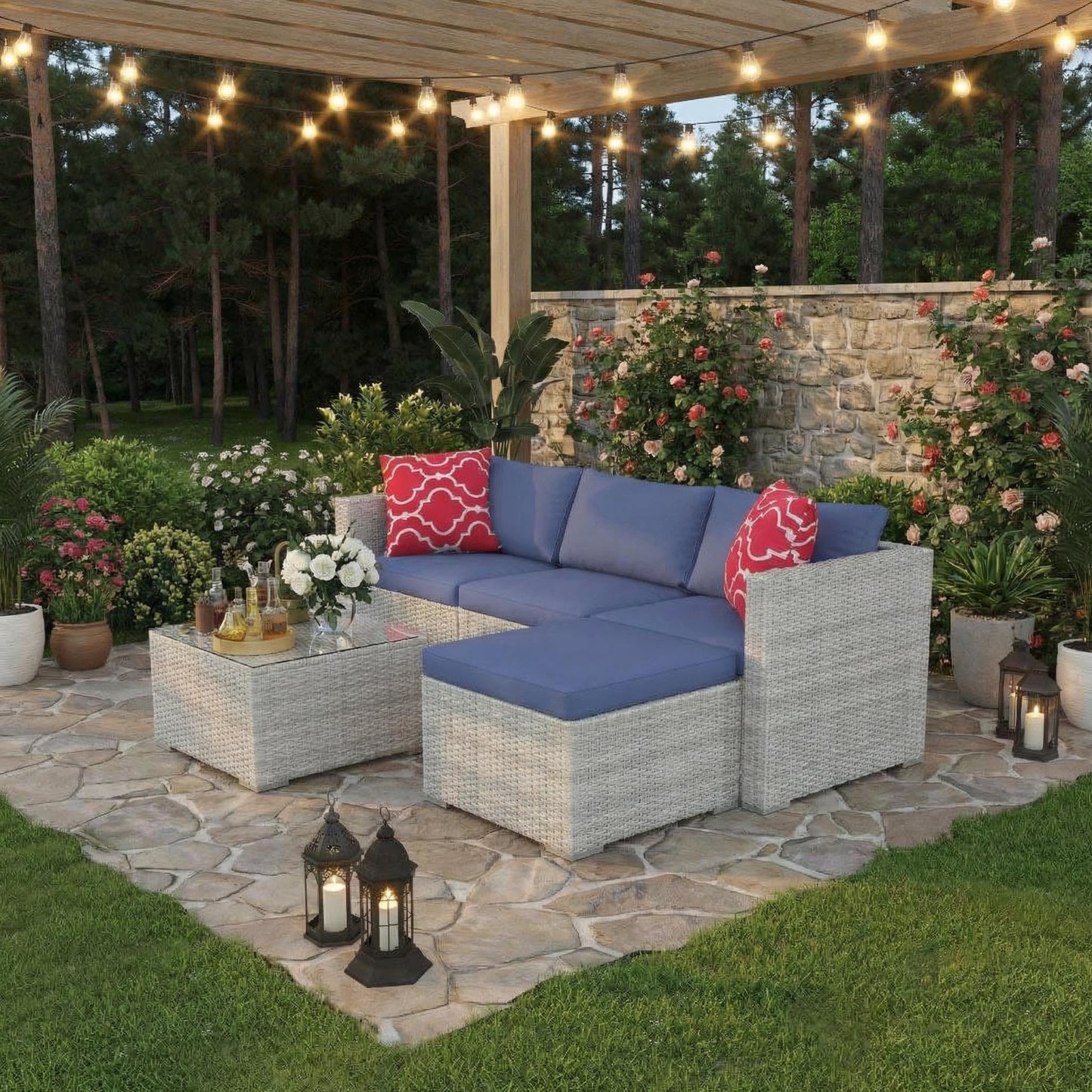 5-Piece L-Shaped Outdoor Patio Furniture Set,PE Wicker Sectional Sofa Set with Cushions and Tempered Glass Table,Steel Frame Conversation Set for Backyard,Poolside Gray Gradient Wicker / Blue Cushions