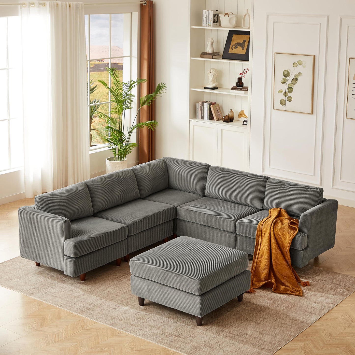 ERYE 95.6-Inch L-Shaped Symmetrical Sectional Sofa Oversized Modular Couch with Ottoman, U-Shaped Corduroy Corner Sofa Couch Convertible Sleeper Bed for Home Apartment