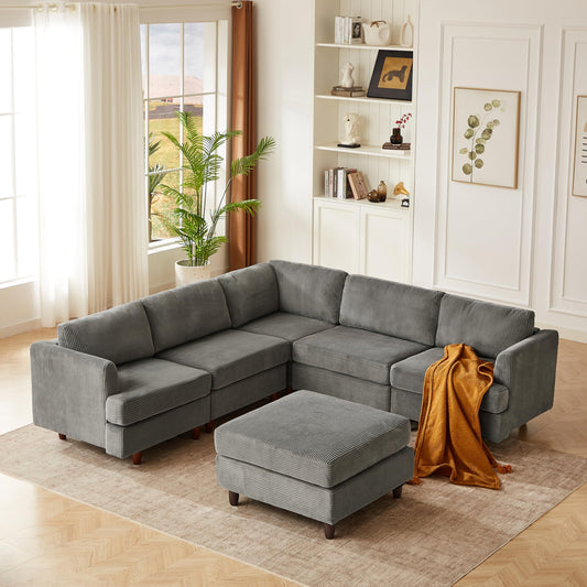ERYE 95.6-Inch L-Shaped Symmetrical Sectional Sofa Oversized Modular Couch with Ottoman, U-Shaped Corduroy Corner Sofa Couch Convertible Sleeper Bed for Home Apartment
