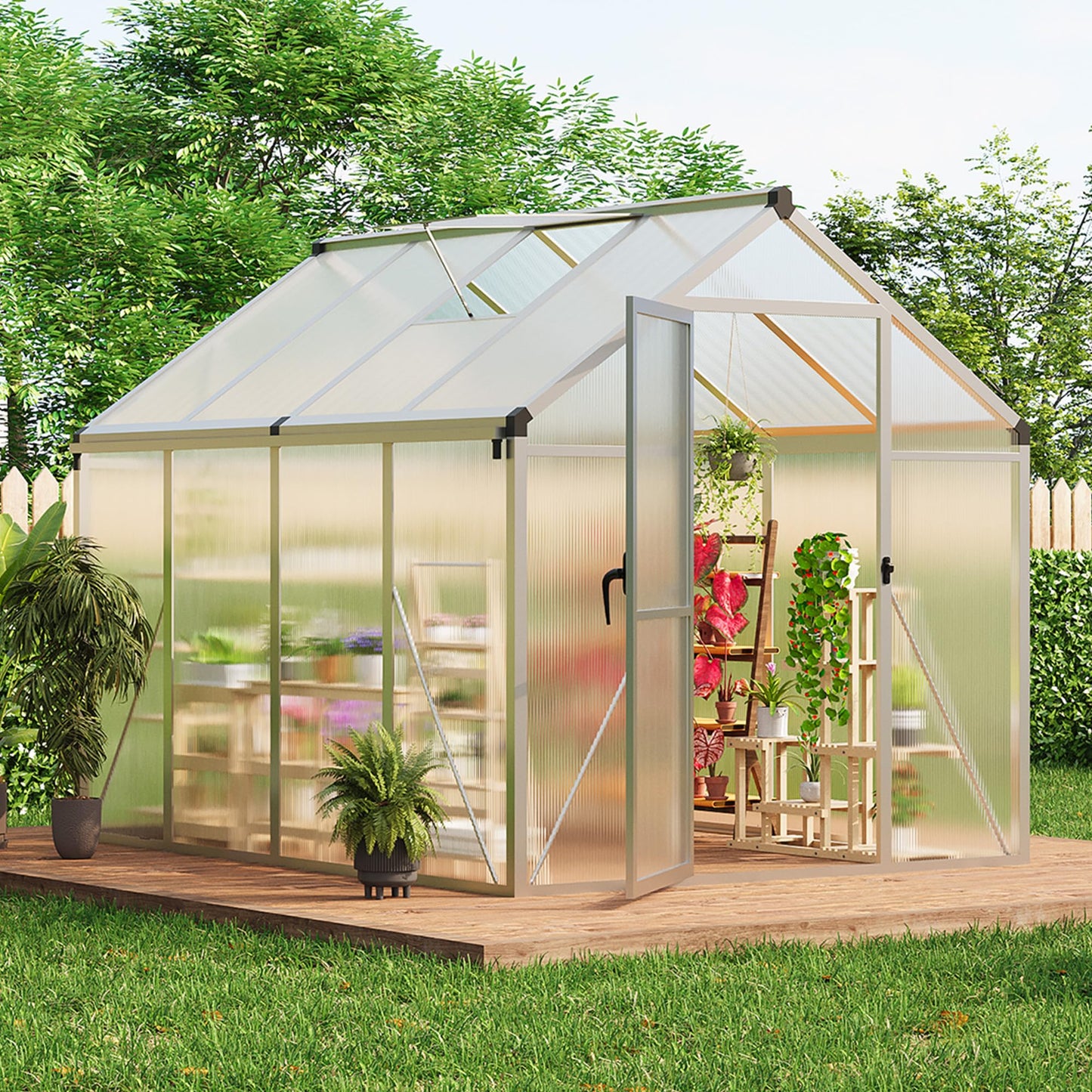 6x8 ft Walk-in Greenhouse, Polycarbonate Panels with Reinforced Aluminum Frame, Large Garden Green House for Planting and Seed Starting, Quick-Assembly Structure with Adjustable Roof Vent