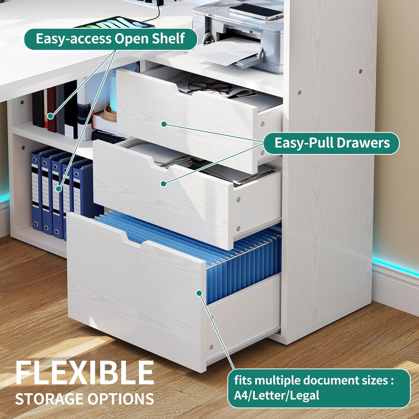 YITAHOME L Shaped Desk with Power Outlets, 55" Computer Desk with Drawers & Bookshelf, Home Office Desk with LED Lights, Corner Desk with File Cabinet, White