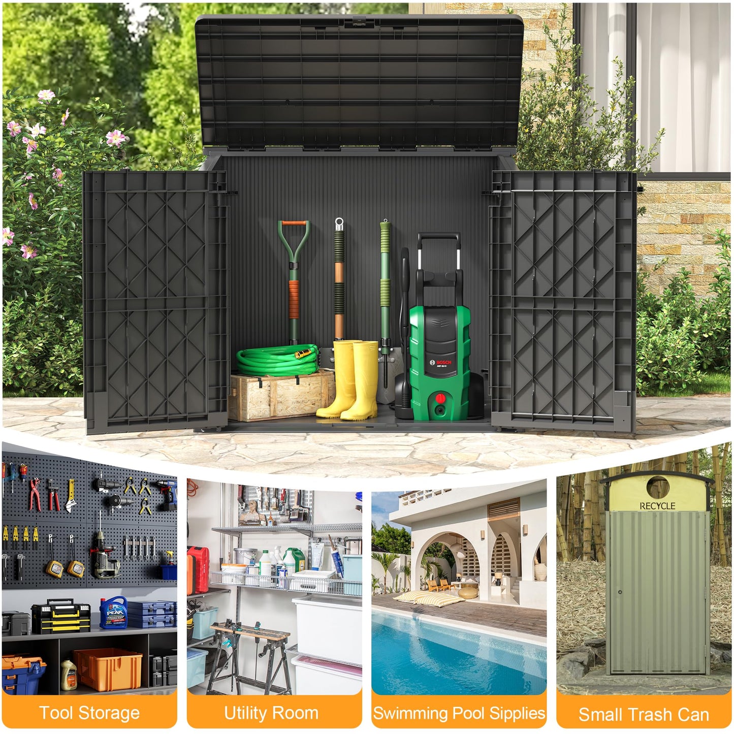 LHBcraft Outdoor Storage Cabinet 36 Cu Ft with Lockable Doors, Portable Horizontal Resin Storage Shed - Easy to Assemble, Waterproof Small Storage Shed with Floor Black