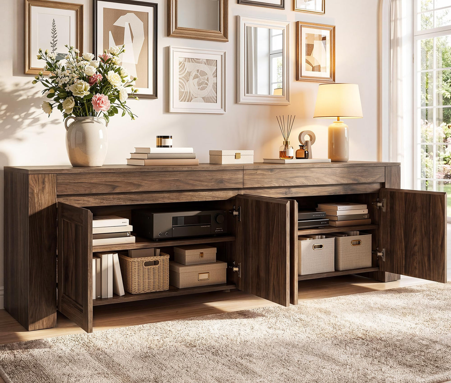 YITAHOME 70 inch TV Stand for up to 80 inch TVs, Farmhouse Entertainment Center with Storage Doors and Shelves, Media Console Table with Cable Holes for Living Room, Dark Walnut