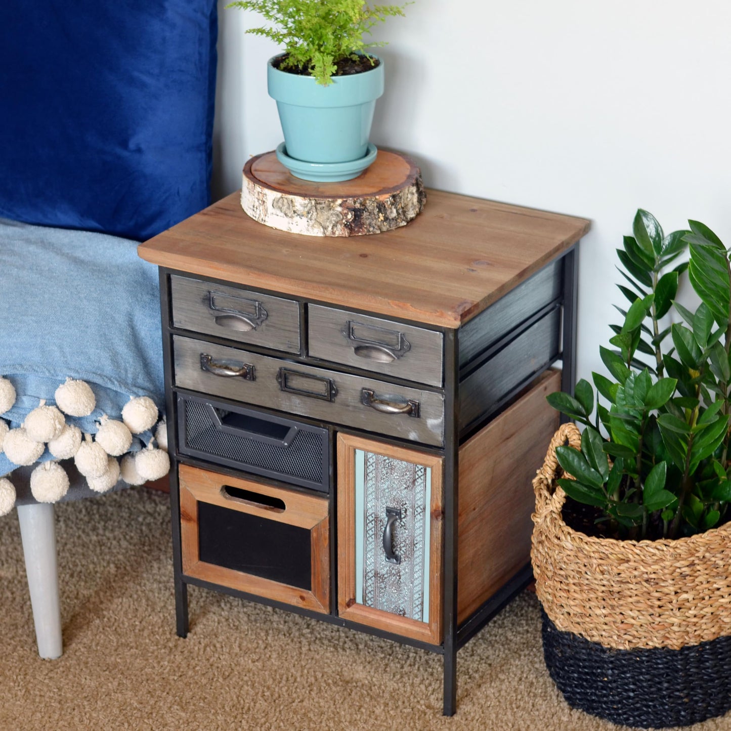 WHW Whole House Worlds Industrial Chic Multi Drawer Nightstand, 3 Drawers and 3 Utility Bins, Reclaimed Vintage Style, Iron, Screening, Galvanized Metal, Wood, 21.75 Inches Tall (55 cm)