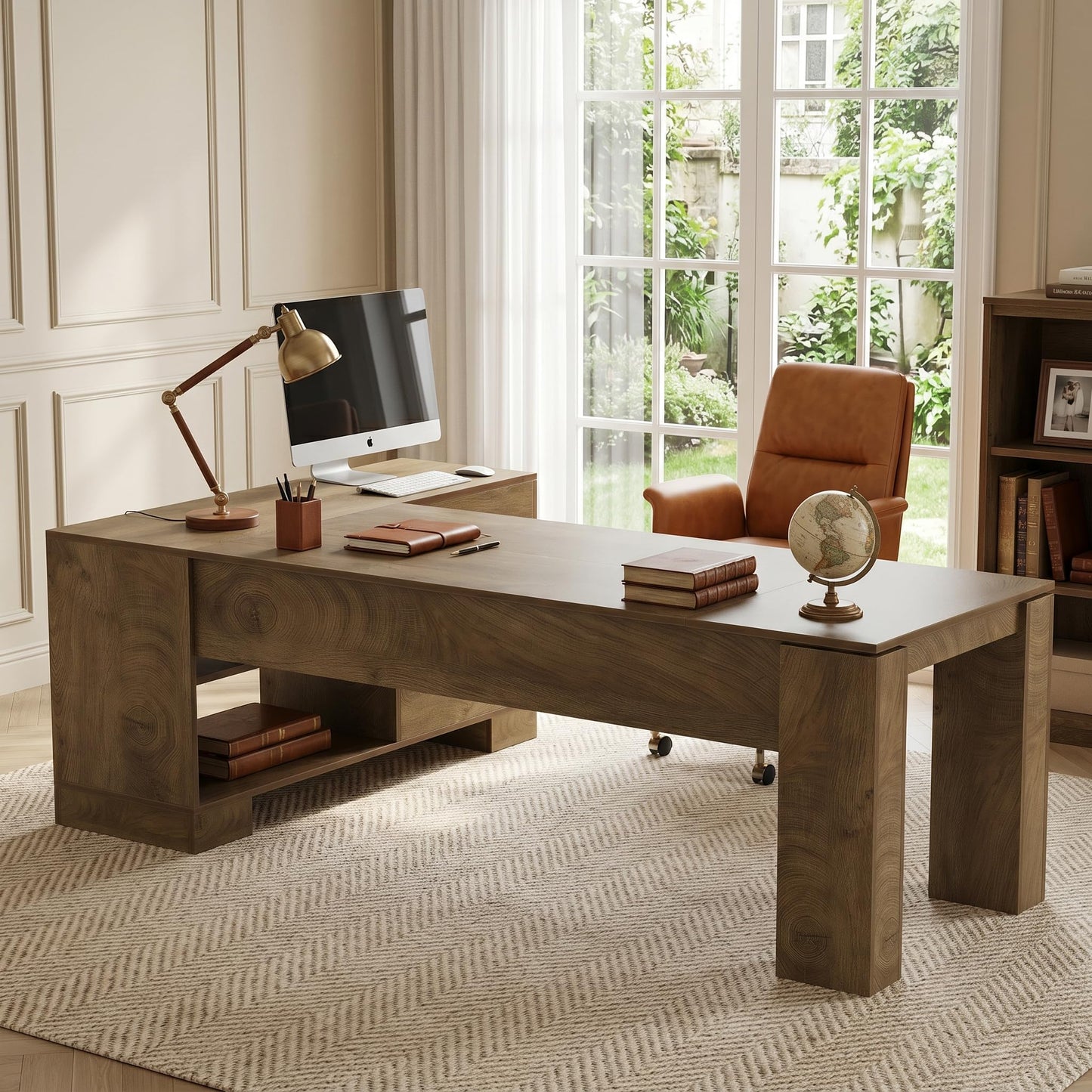 LITTLE TREE 78.7" L Shaped Office Desk with Drawers, Executive Computer Desk with Open Shelves Storage, Farmhouse Large Wooden L Desks Business Furniture, Brown