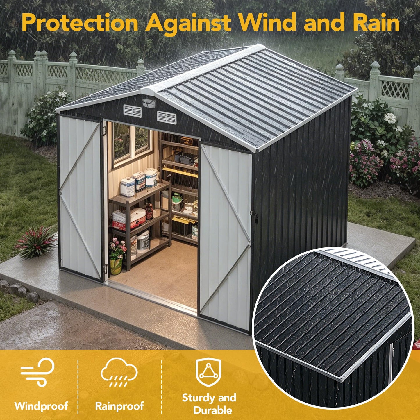 OneBlis 8x6FT Outdoor Storage Shed, Tool Shed with Sloping Roof and Lockable Door, Galvanized Metal Shed for Backyard Garden Patio Lawn, Black
