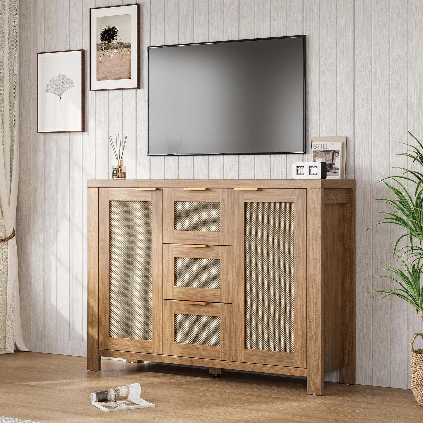Garvee Rattan Buffet Sideboard Cabinet, Coffee Bar Cabinet with 3 Drawers, Boho Kitchen Accent Storage Cabinet for Dining Room, Living Room, Entryway, Light/Dark Oak