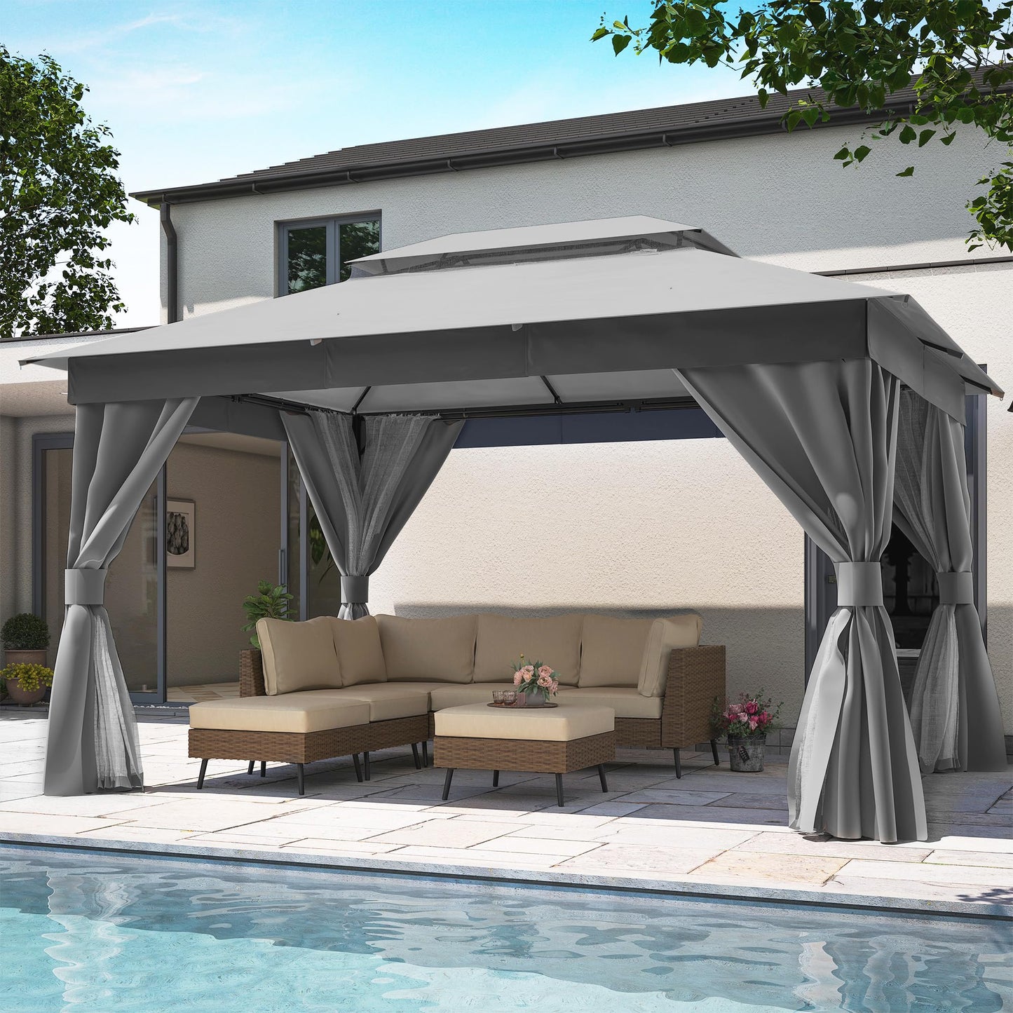 LAUSAINT HOME Patio Gazebo 10'x13', Outdoor Heavy Duty Party Tent Shelter with Double Roofs, Mosquito Nettings and Privacy Screens for Backyard, Garden, Lawn, Gray