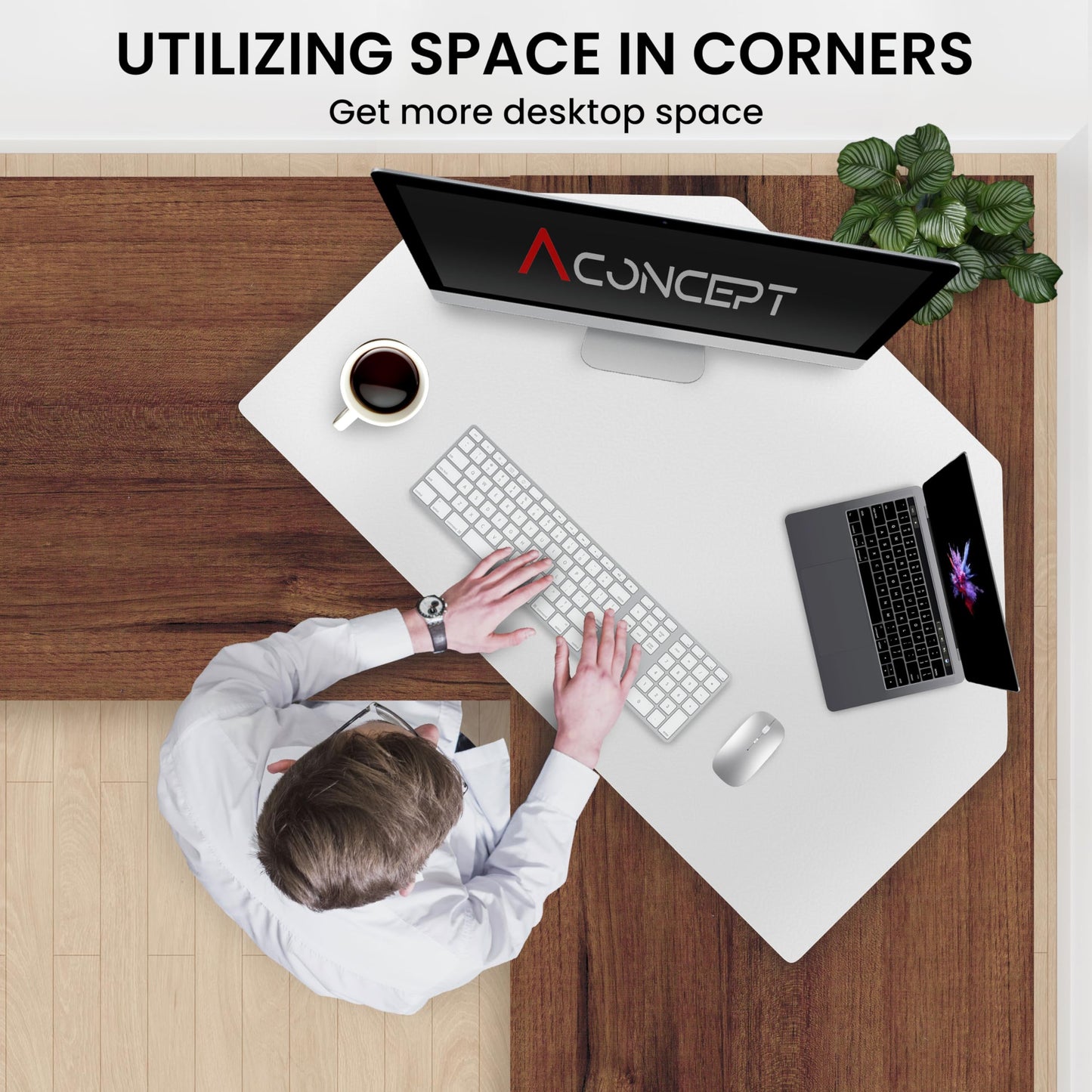 Aconcept 40 inch White Corner Height Adjustable Standing Desk Converter, One-Click Sit to Stand up Desk Riser, Pre-Assembled for Dual Monitor and Laptop Workstation