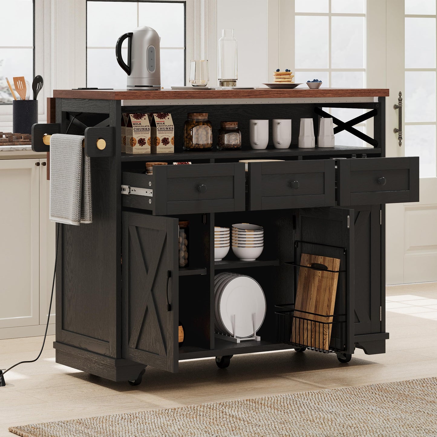 Merax Farmhouse Rolling Kitchen Island on Wheels with Drop Leaf & Power Outlet, Wood Kitchen Cart on Wheels with Drape of Beads, 3 Drawers & Adjustable Iron Shelves, 46.5'' Wide, Black
