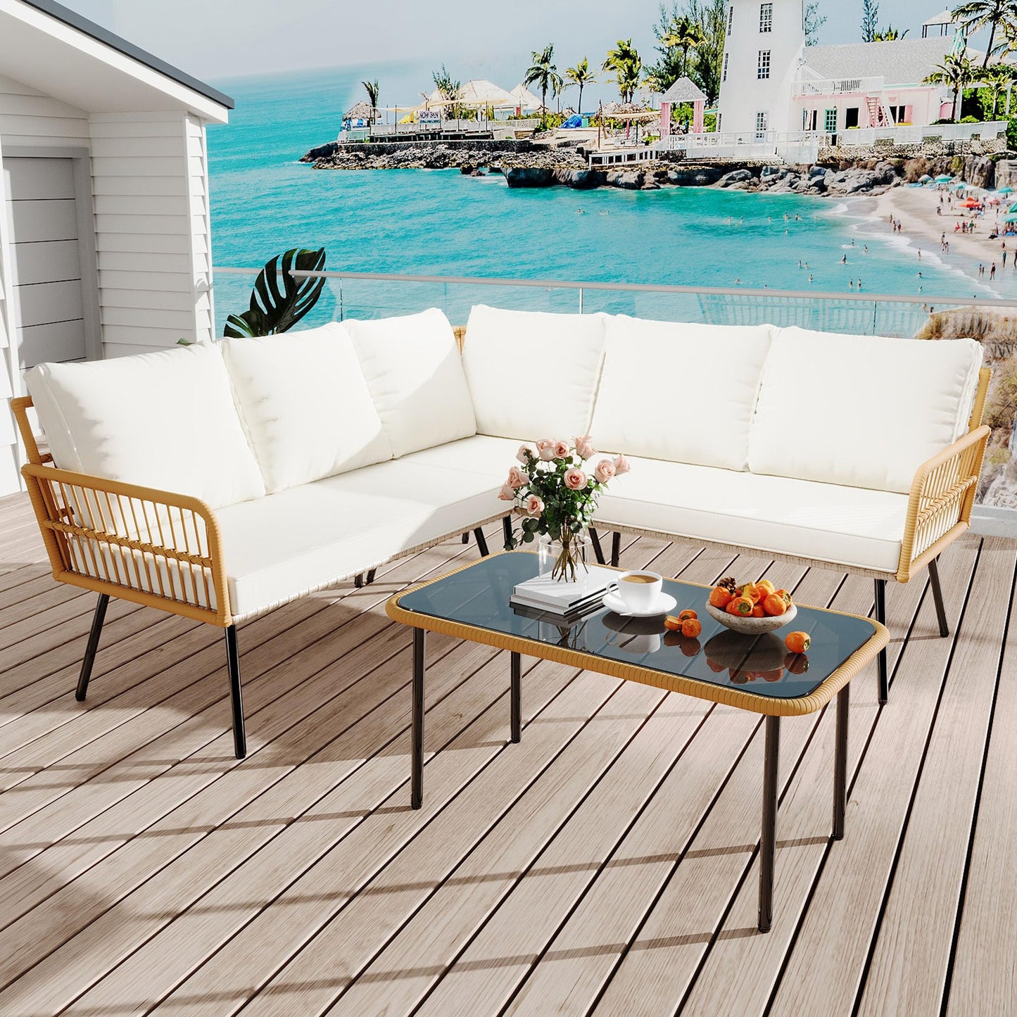 GarveeLife Wicker 4 Pieces Patio Furniture Sets Outdoor Sectional L-Shaped with Cushions & Side Table and Chairs Set, Boho Rattan 5 Seater Conversation Sets for Apartment, Bistro, Backyard,Porch,Beige