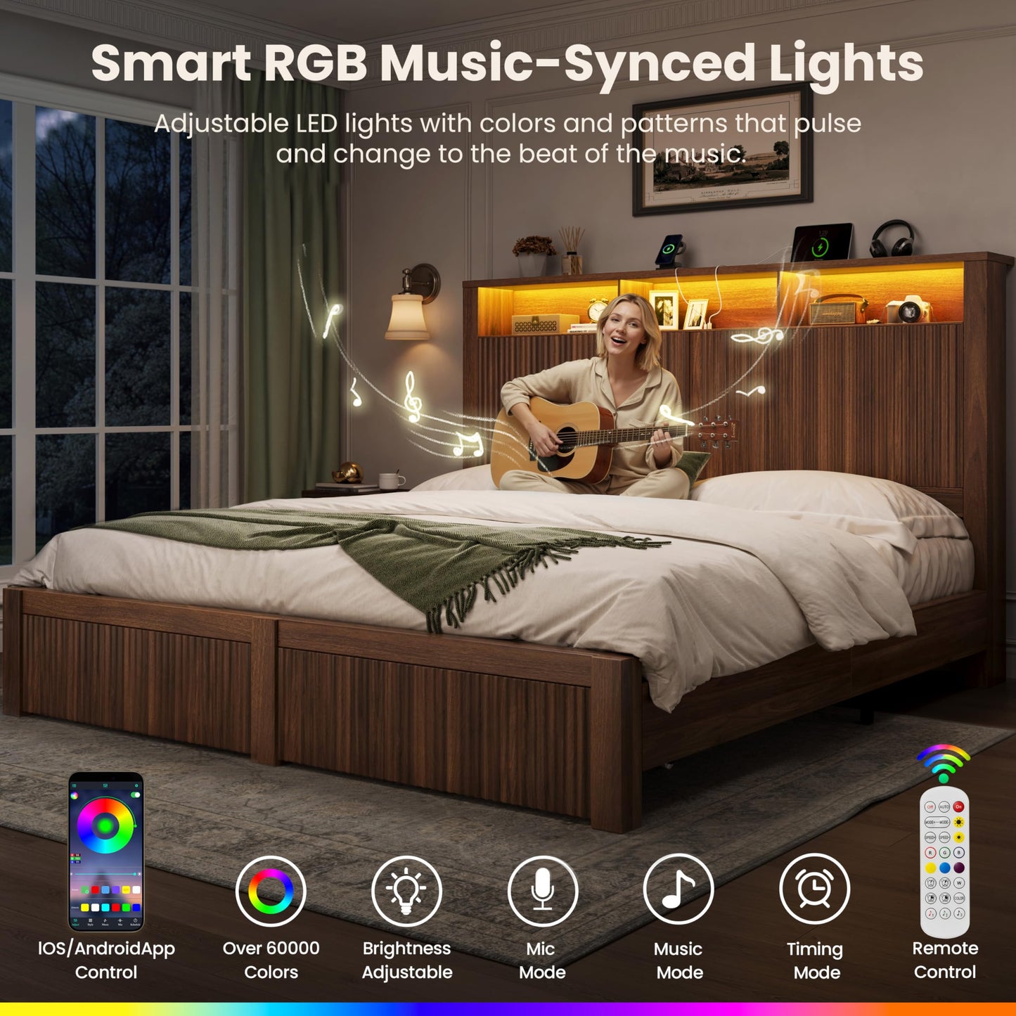 CypBed King Size Bed Frame and Headboard& 2 Storage Drawers, King Bed Frame with LED Light and Charging Port, Farmhouse Wavy Design, Wood & Metal Platform, Noise-Free, No Box Spring Needed, Walnut