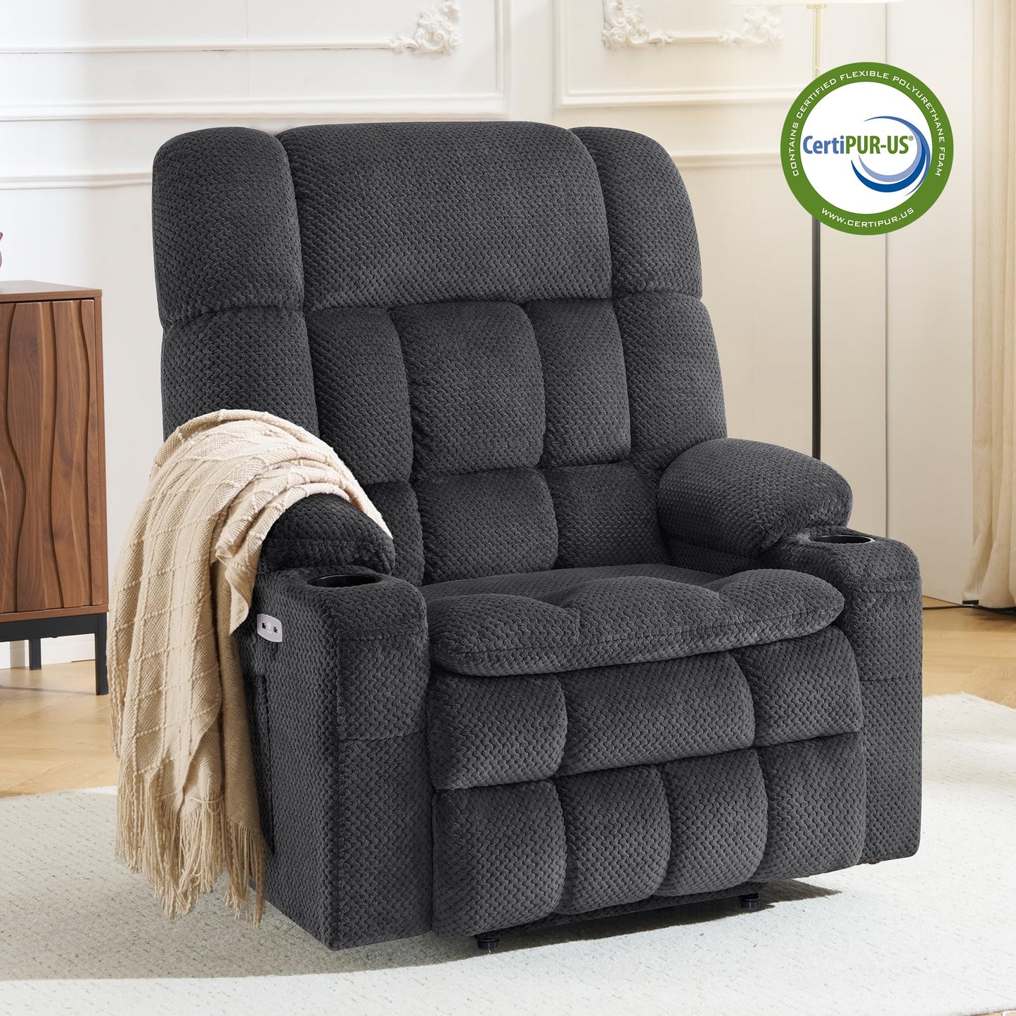 MCombo Oversized Power Lift Recliner Chair for Elderly, Dual Motor Lift Chair with Heat and Massage, Lay Flat Lift Chair for Big and Tall, Cup Holders, Fabric R7891 (Oversize, Dark Gray)