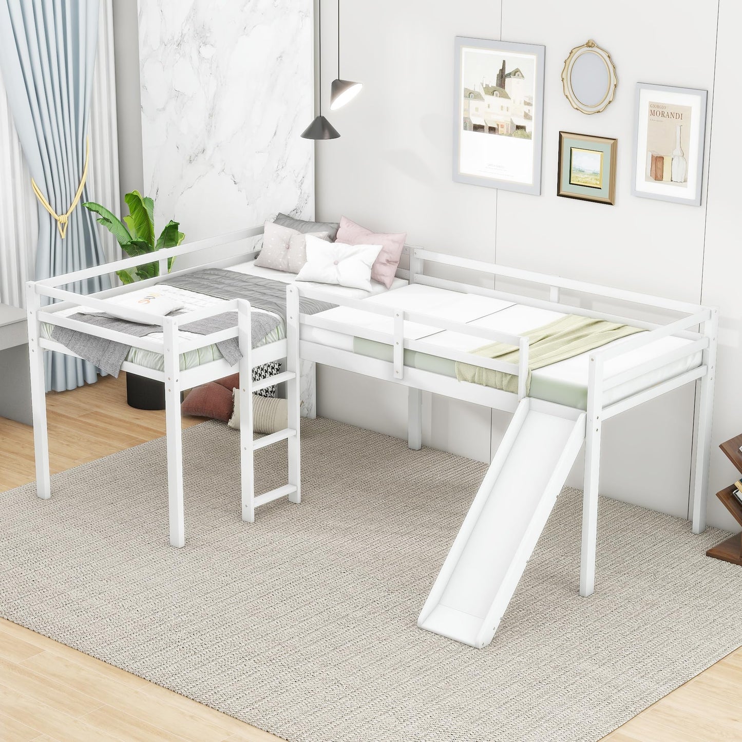 Favfurish L-Shaped Twin Size Loft Bed with Ladder and Slide,Solid Wood Structure Bed Frame,w/Safety Guardrail & Slat Supports,Space Saving,Easy to Assemble,for Kids,Teens,Girls & Boys,White