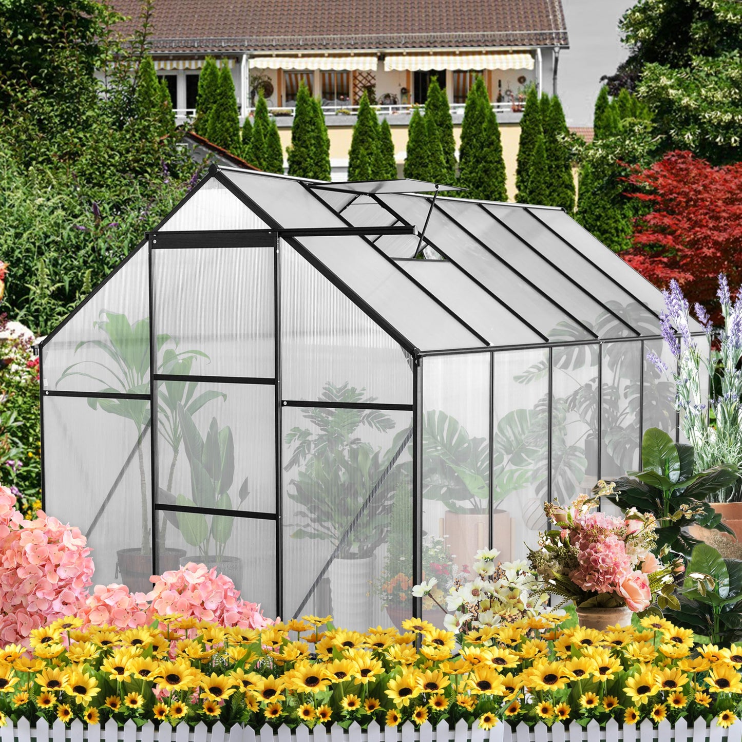 Jintop 6x12 FT Polycarbonate Greenhouse with Raised Base and Anchor Aluminum,Heavy Duty Walk-in Green Houses,w/ Drainage System & Adjustable Roof/Sliding Door,for Outdoor Backyard,Black