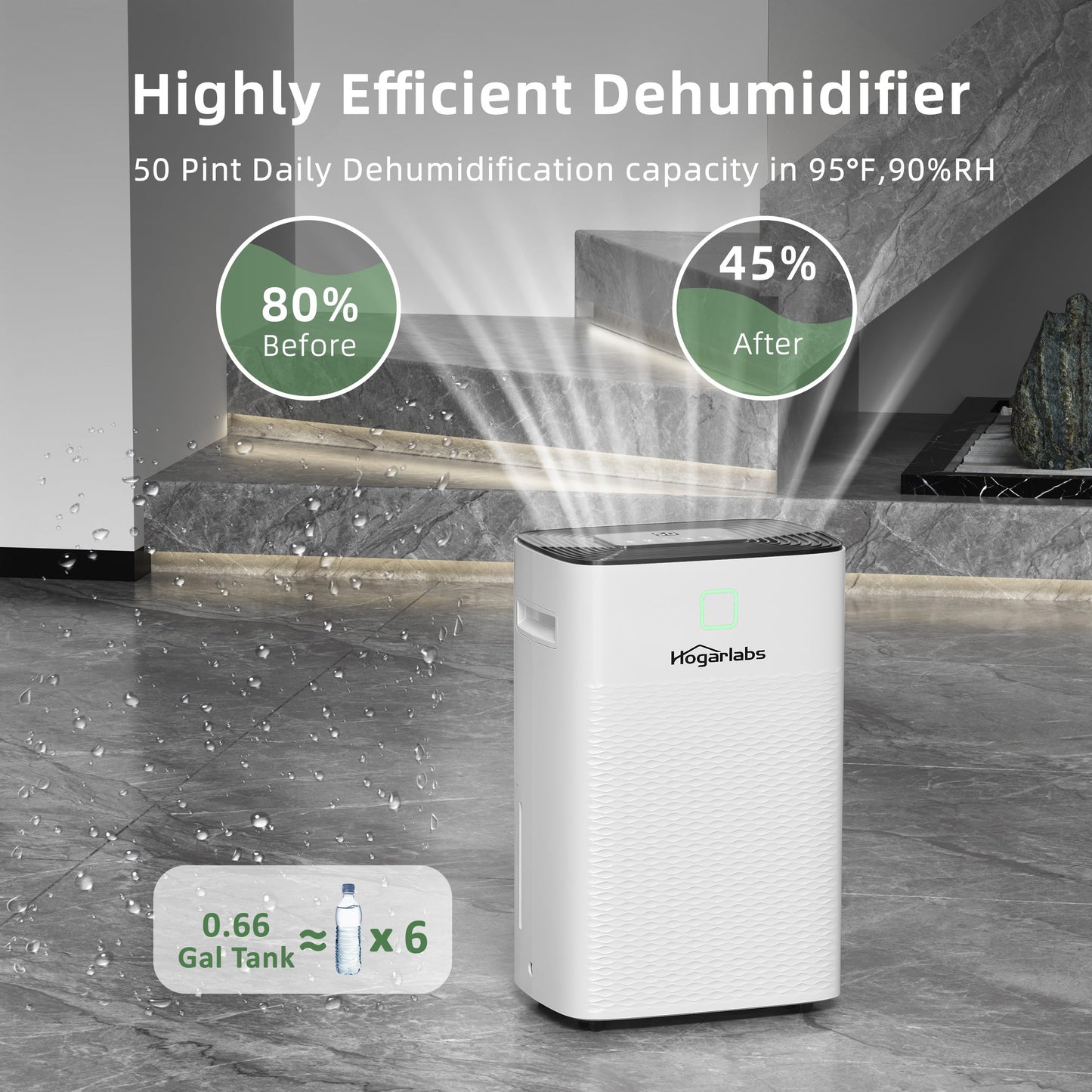 HOGARLABS 50 Pint Smart Dehumidifiers for Home and Basements, with 3 Working Modes, Overflow Protection, and Auto Shut off Restart. Ultra Silent Dehumidifier with Drain Hose and Digital Control Panel.