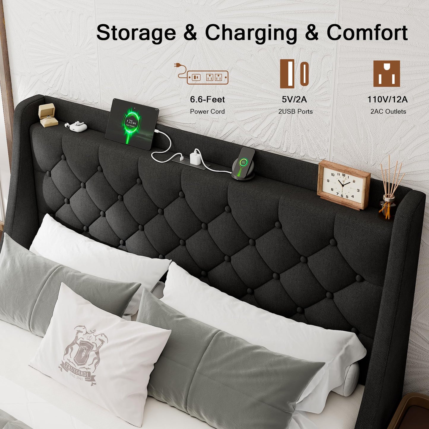 Einhomn Queen Bed Frame with 4 Storage Drawers, Upholstered Modern Bed Frame with Wingback Headboard, Charging Station, No Box Spring Needed, Easy Assembly, Black