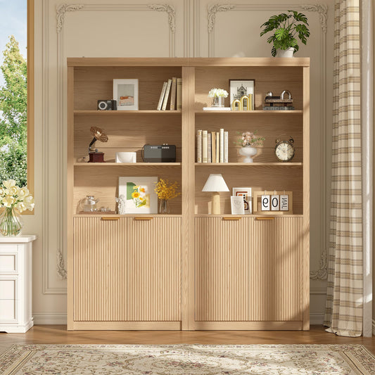 Garvee Tall Book Shelf and Bookcase, Wooden Bookcase with Doors, Modern Book Case with Large Storage Cabinet, 5-Shelf Bookcases with Adjustable top Shelve for Home Office, Living Room, 2 Set Oak